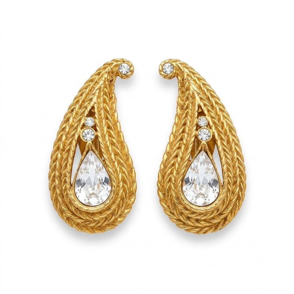 Vintage Rope Twist Crystal Teardrop Clip On Earrings