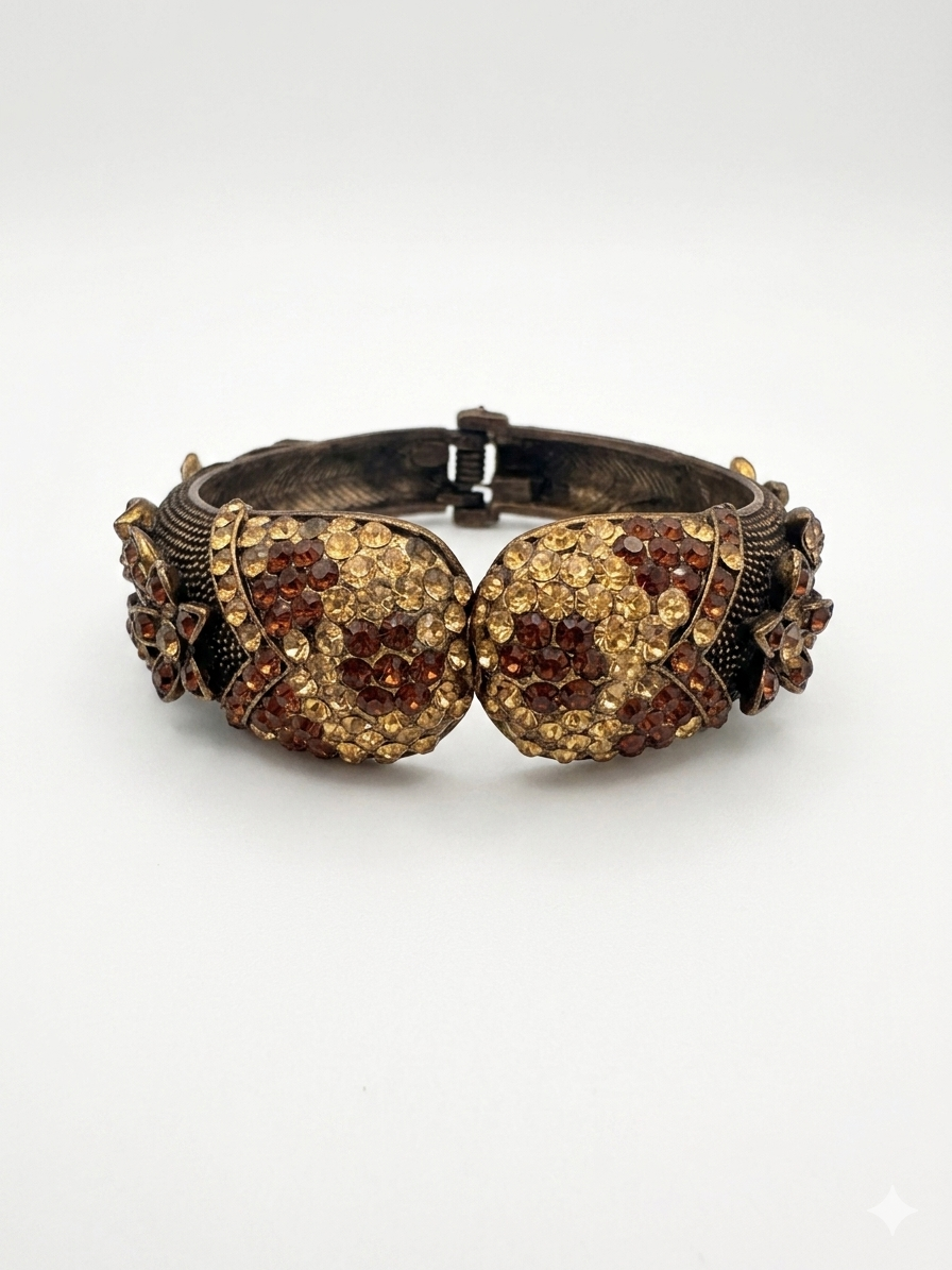 Antiqued Bronze Pavé Floral Hinged Bangle with Earth-Tone Rhinestones