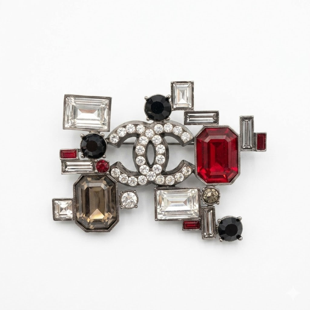 Chanel Vintage Rhinestone Geometric Black And Red Silver Tone Brooch