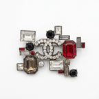 Chanel Vintage Rhinestone Geometric Black And Red Silver Tone Brooch
