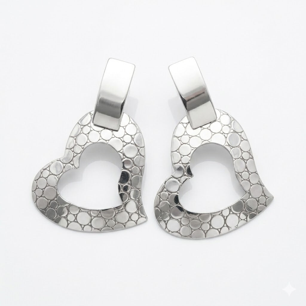 Vintage Modernist Hammered Heart Drop Earrings