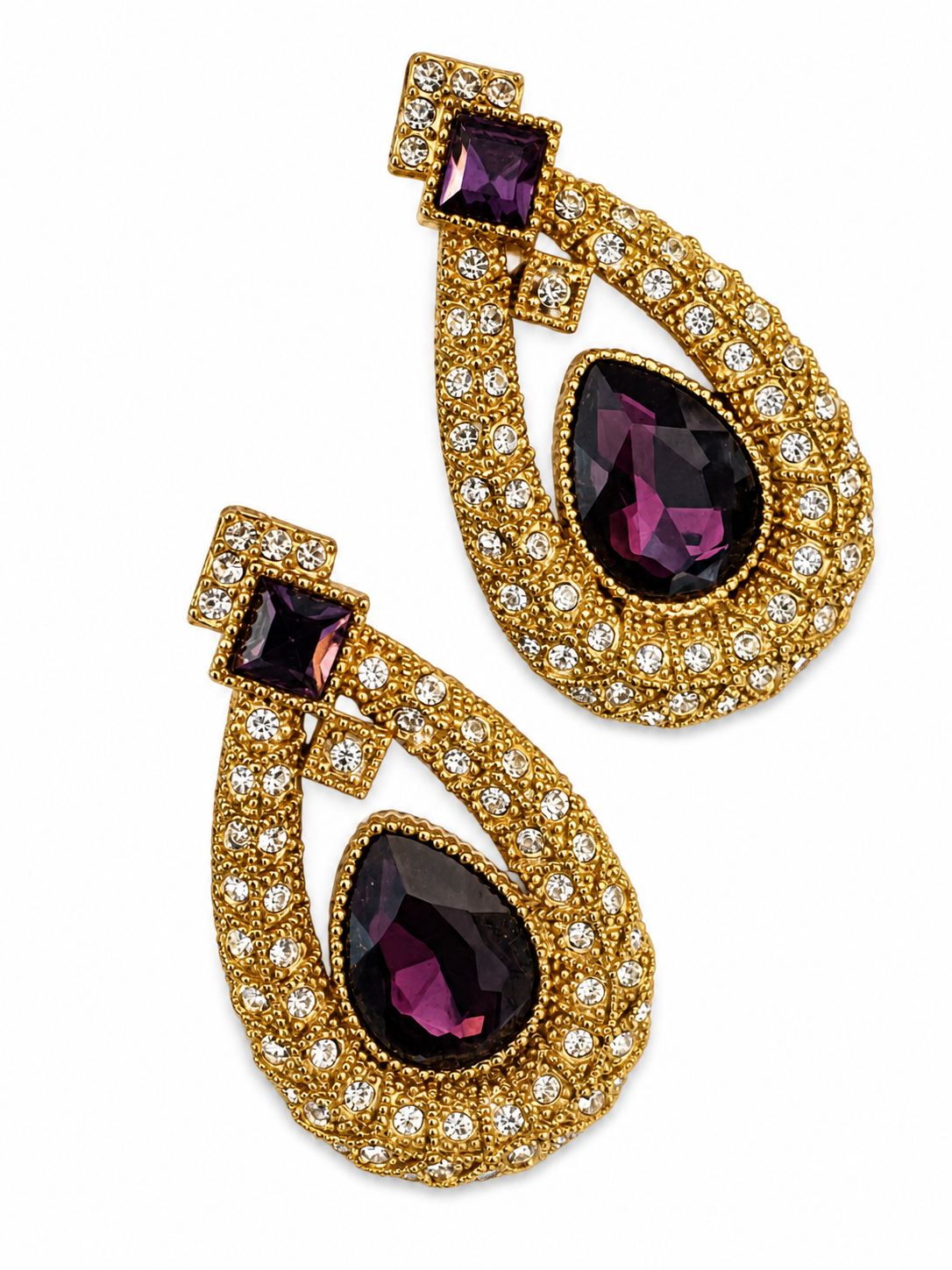 Vintage Amethyst Glass Rhinestone Statement Clip-On Earrings