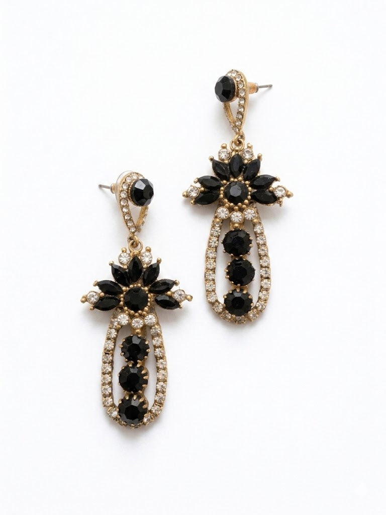 Vintage Black Rhinestone Statement Drop Earrings