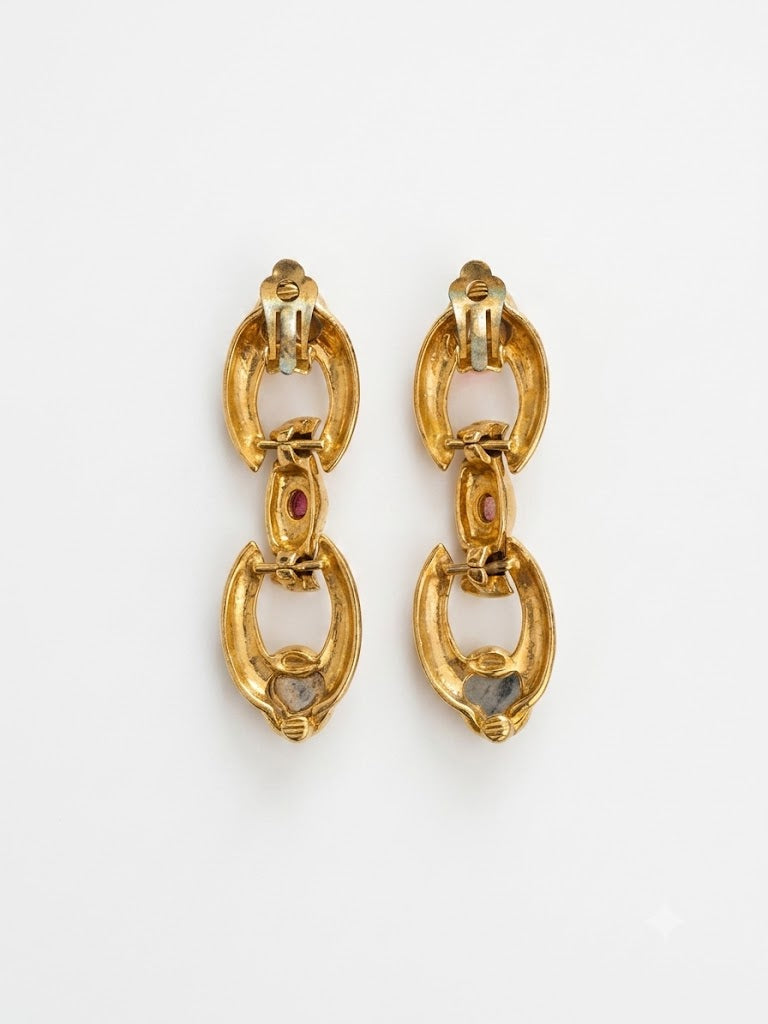 Vintage Art Deco Jewel Cabochon Link Clip On Earrings