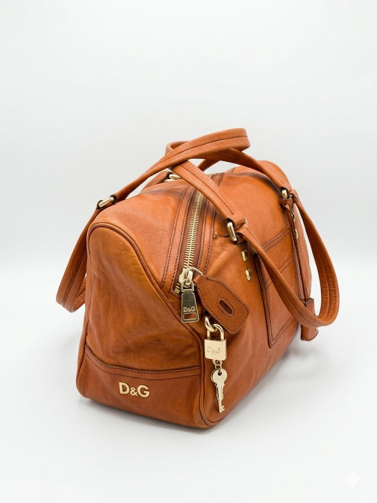 Vintage D&G Dolce & Gabbana Tan Leather Padlock Satchel