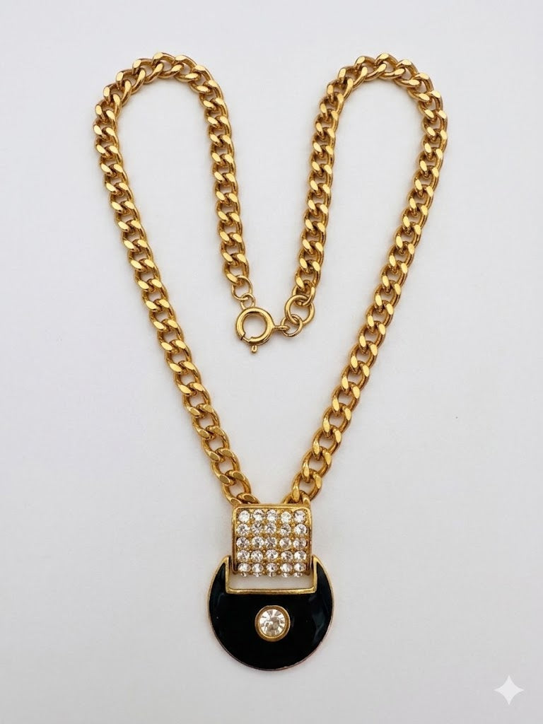 Vintage Art Deco Style Black Enamel Crystal Curb Chain Necklace