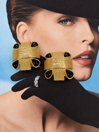 Vintage Modernist Black Cabochon Gold Plated Clip-On Earrings