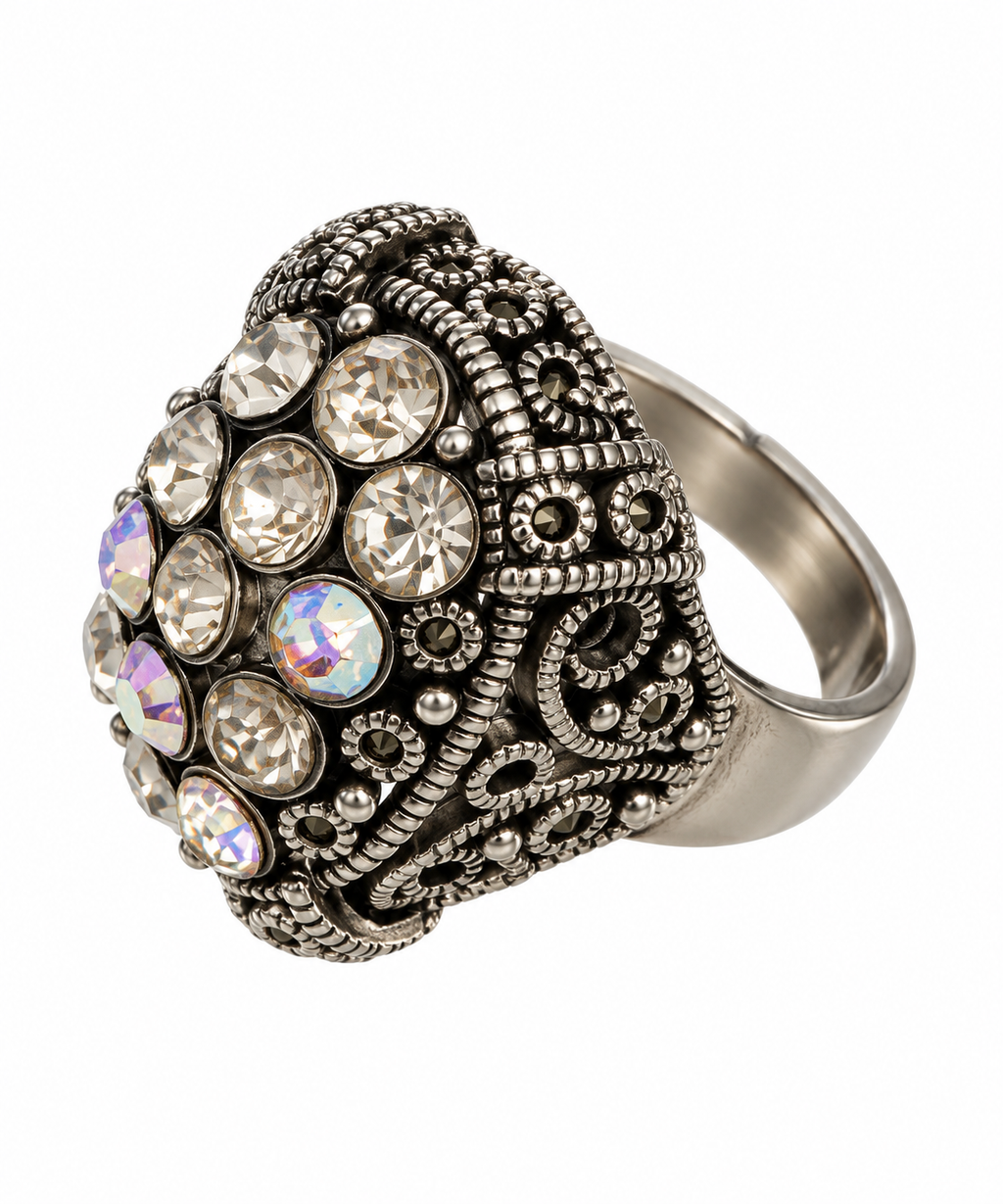 Vintage Crystal Filigree Dome Adjustable Cocktail Ring