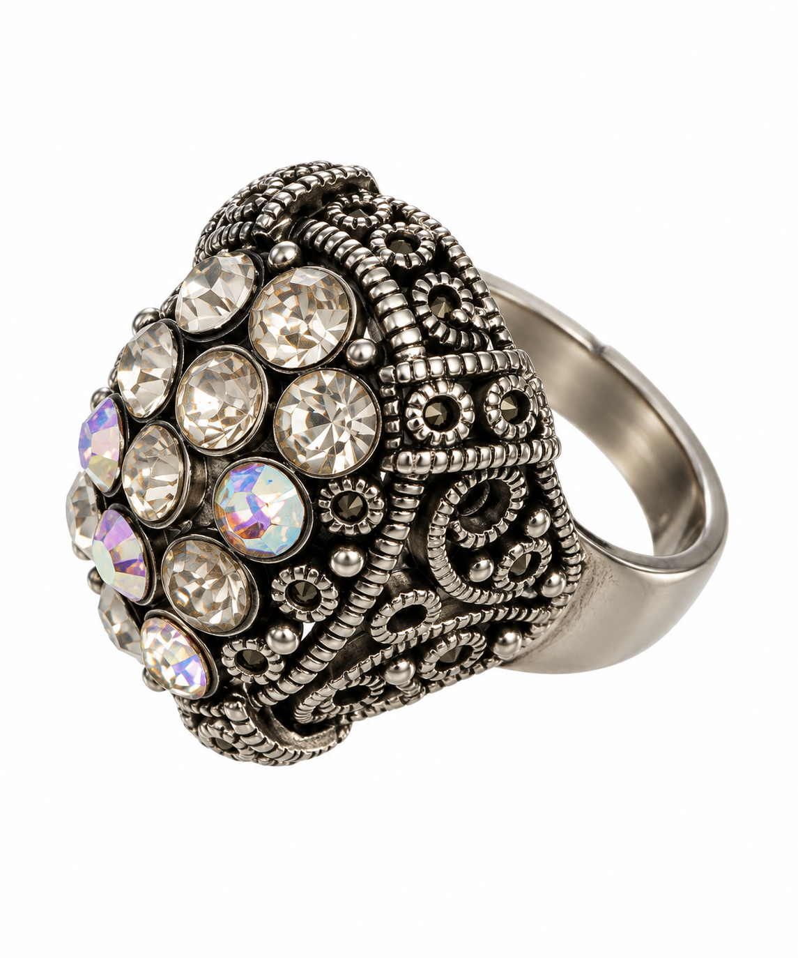 Vintage Crystal Filigree Dome Adjustable Cocktail Ring