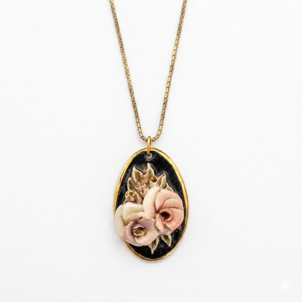 Vintage Gold Tone Hand-Painted Floral Pendant Necklace
