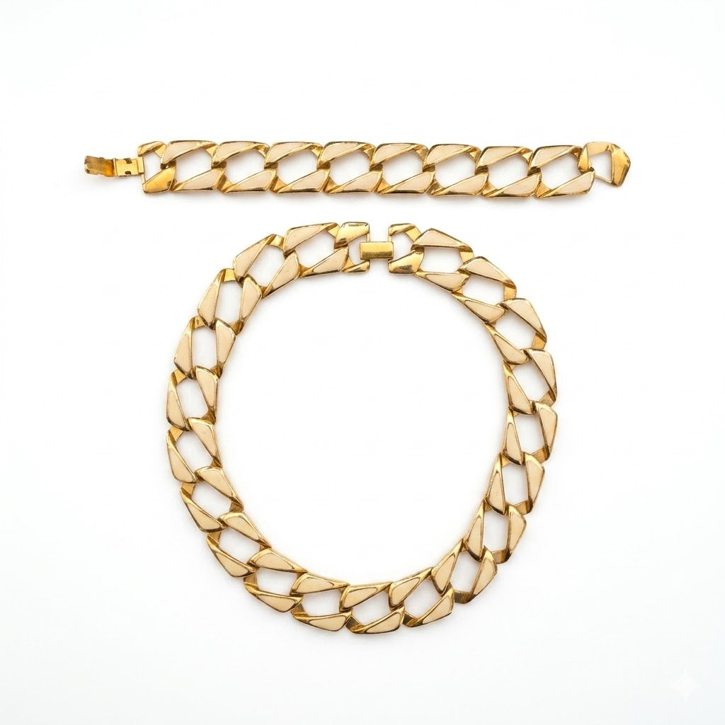 Vintage Geometric Enamel Link Necklace and Bracelet Set