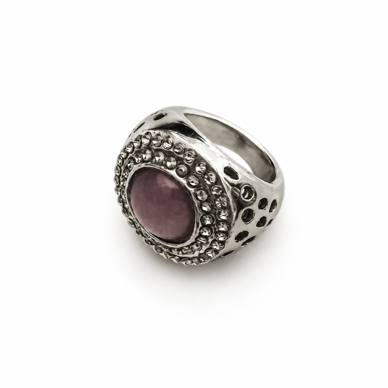 Modernist Mauve Cabochon Dome Ring Industrial Perforated Silver Tone