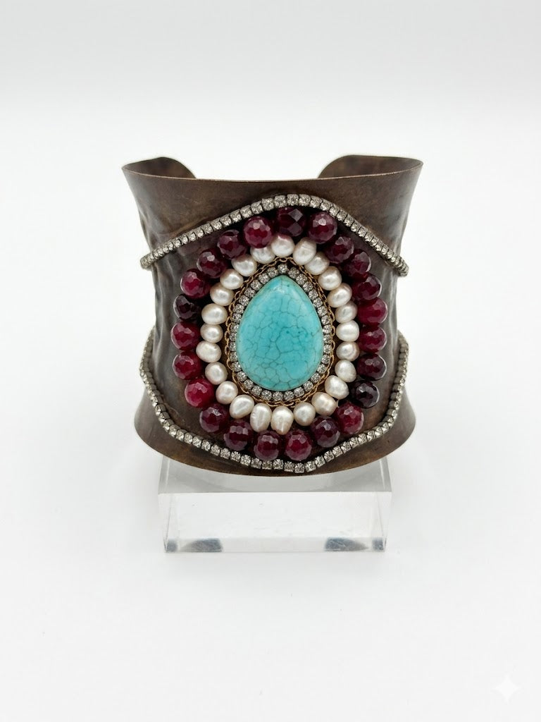 Vintage Hammered Copper Mixed Media Statement Cuff