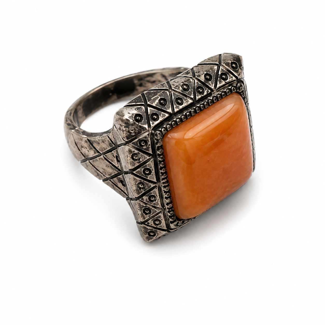 Vintage Modernist Orange Stone Signet Ring Geometric Silver Tone