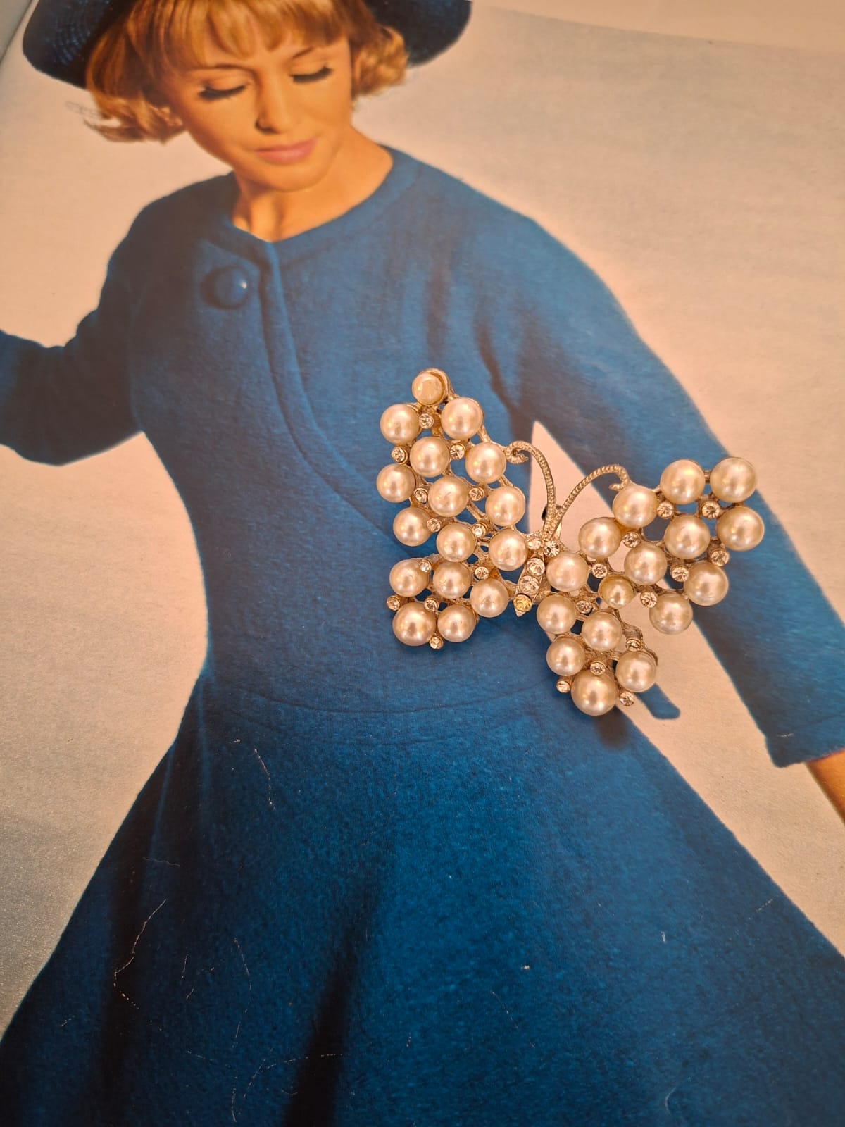 Vintage Faux Pearl Rhinestone Butterfly Brooch