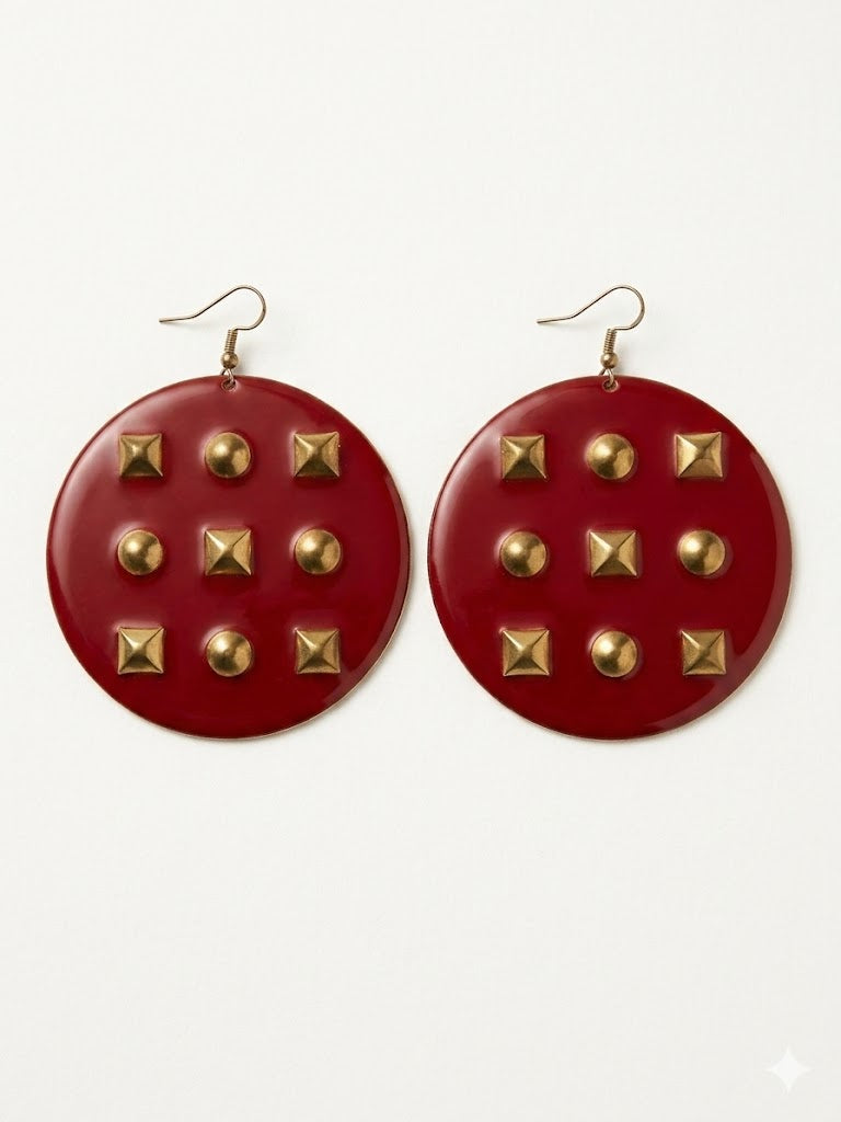 Vintage Retro Red Metal Disc Drop Earrings