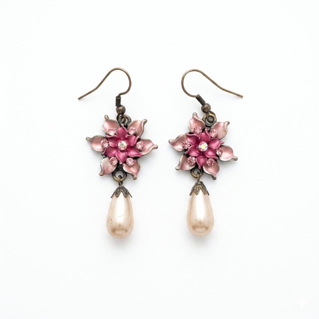 Vintage Floral Enamel Necklace & Earrings Set with Faux Pearl Drops