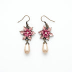 Vintage Floral Enamel Necklace & Earrings Set with Faux Pearl Drops