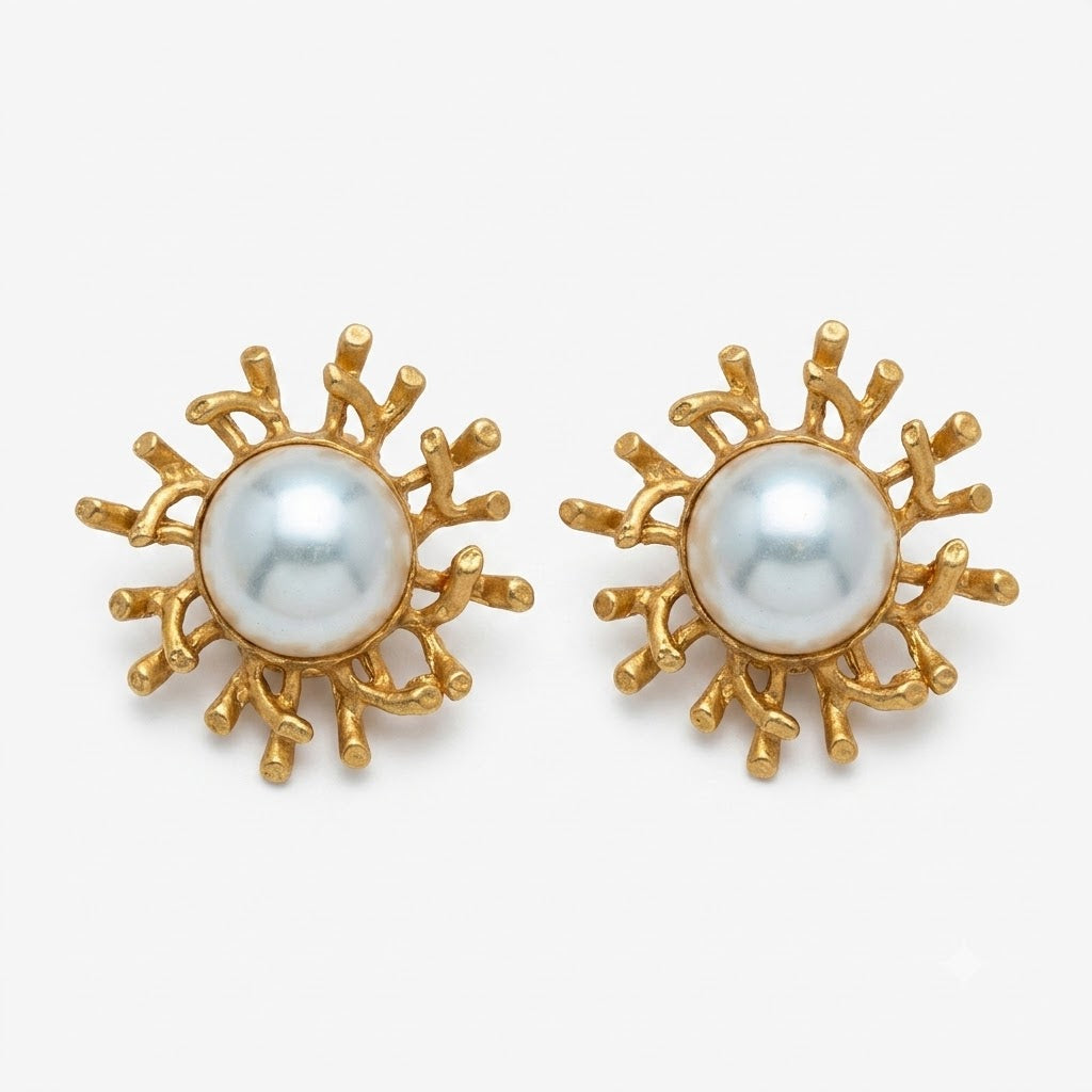 Vintage Organic Coral Branch Faux Pearl Gold Plated Clip-On Earrings