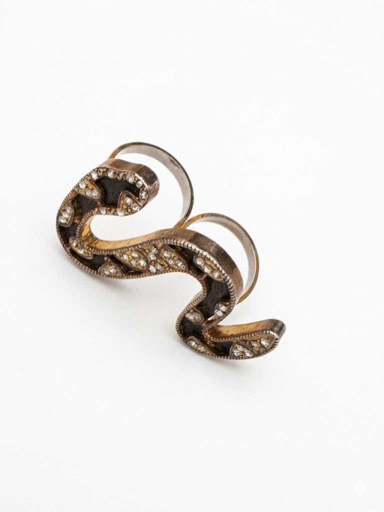 Vintage Snake Two-Finger Ring Enamel and Crystal Statement