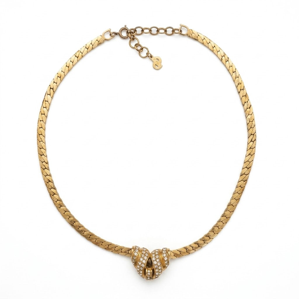 Vintage Christian Dior Choker Necklace with Rhinestone Center