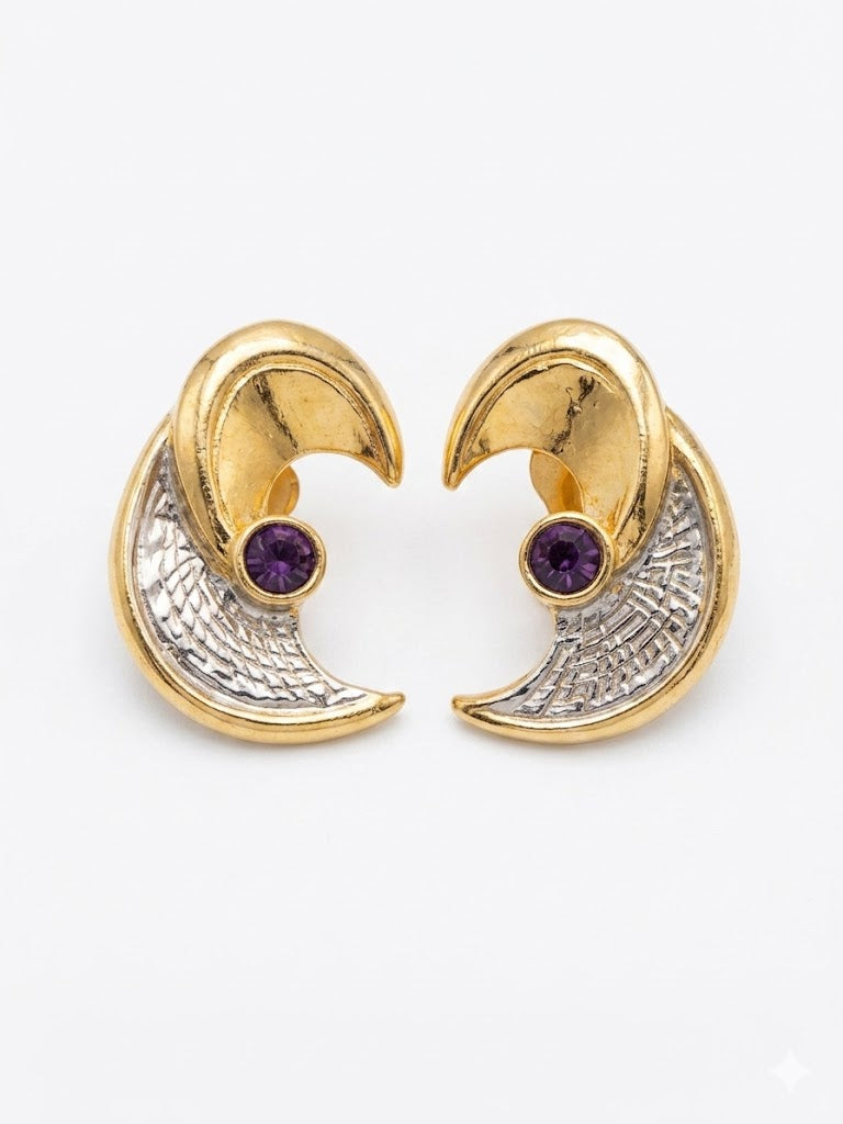 Vintage Bi-Color Gold & Silver Sculptural Crescent Earrings