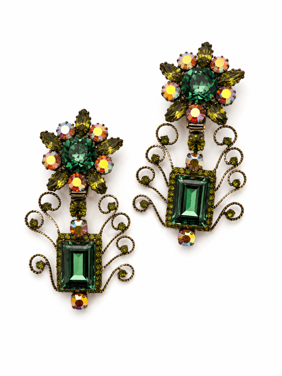 Vintage Levantine Emerald Crystal Scrollwork Oversized Earrings