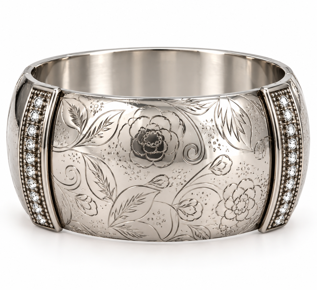 Vintage Engraved Floral Crystal Cuff Bracelet
