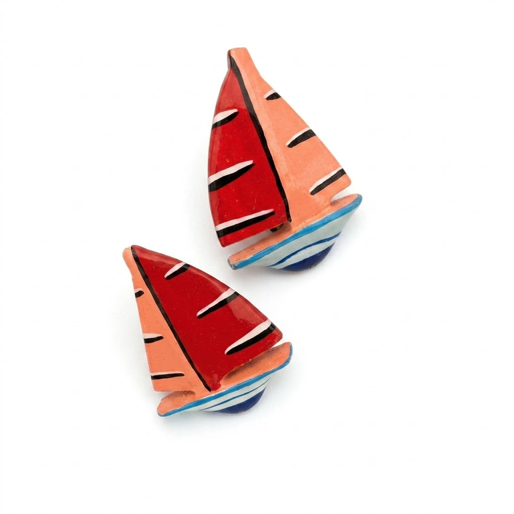 Vintage Hand-Painted Wooden Boat Clip-On Earrings