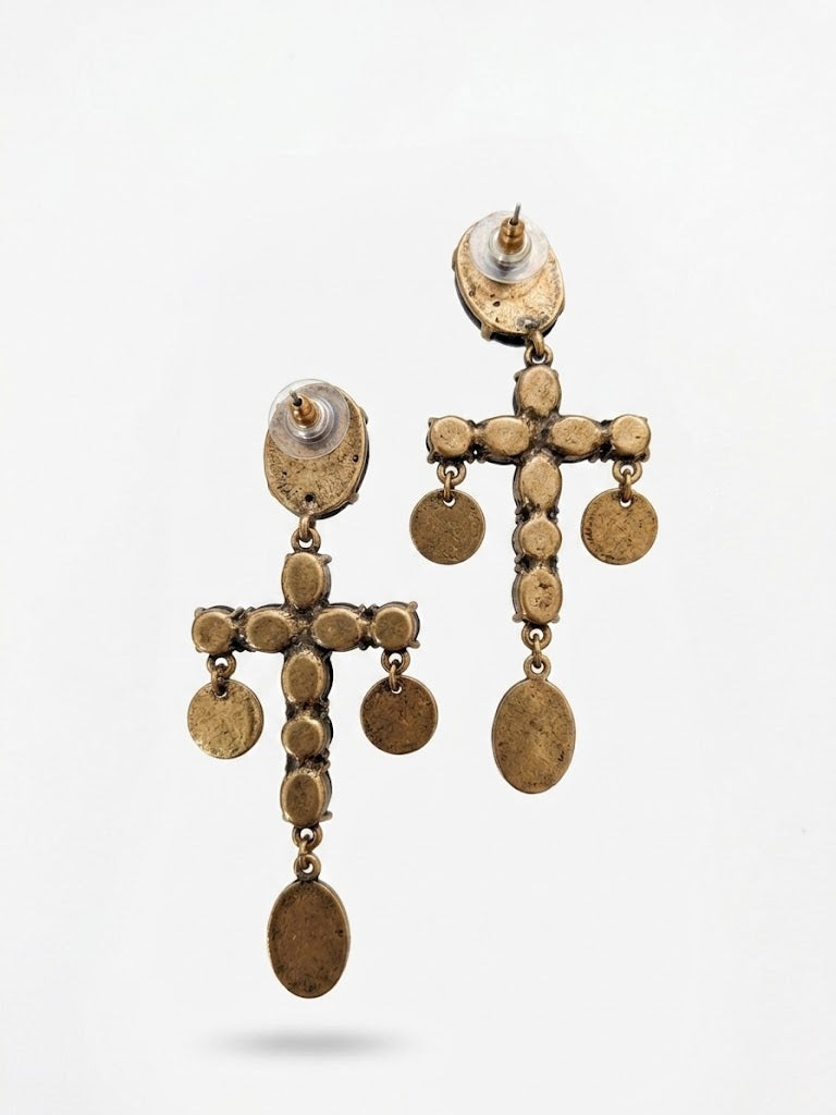 Vintage Baroque Revival Black Crystal Cross Coin Drop Earrings
