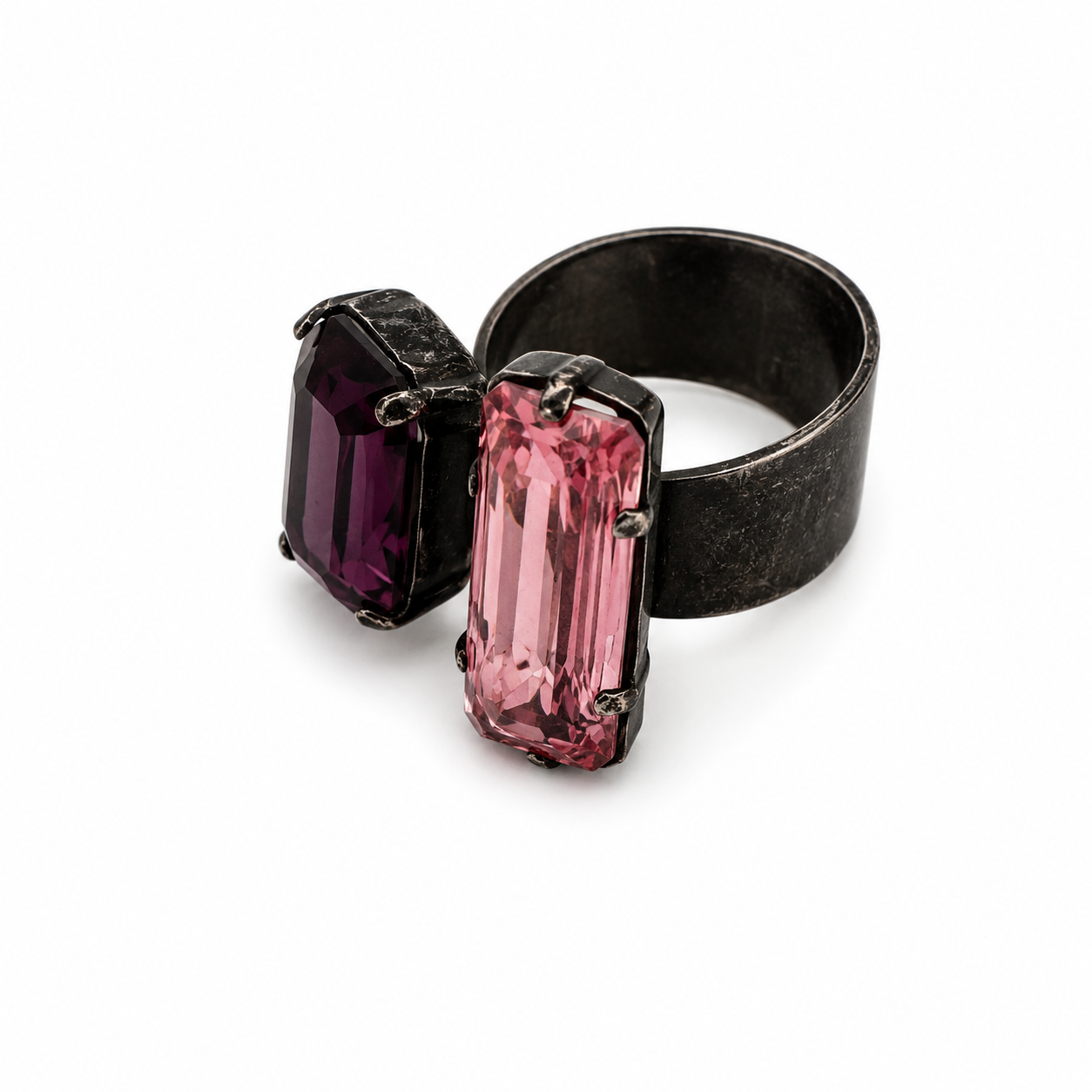 Modernist Toi et Moi Crystal Statement Ring Oxidized Silver Tone