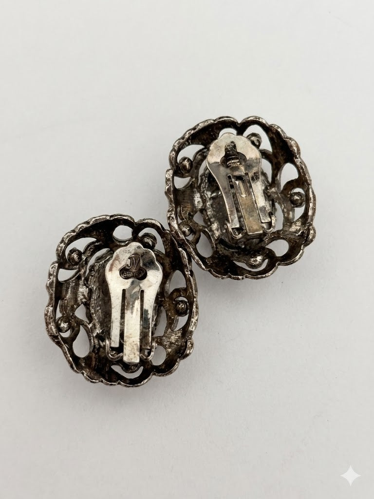 Vintage Hematite Cabochon Filigree Earrings