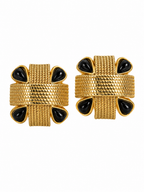 Vintage Modernist Black Cabochon Gold Plated Clip-On Earrings