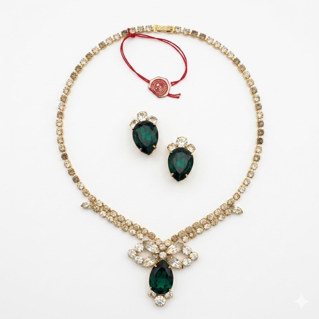 Czech Crystal Emerald Drop Necklace & Earrings Set