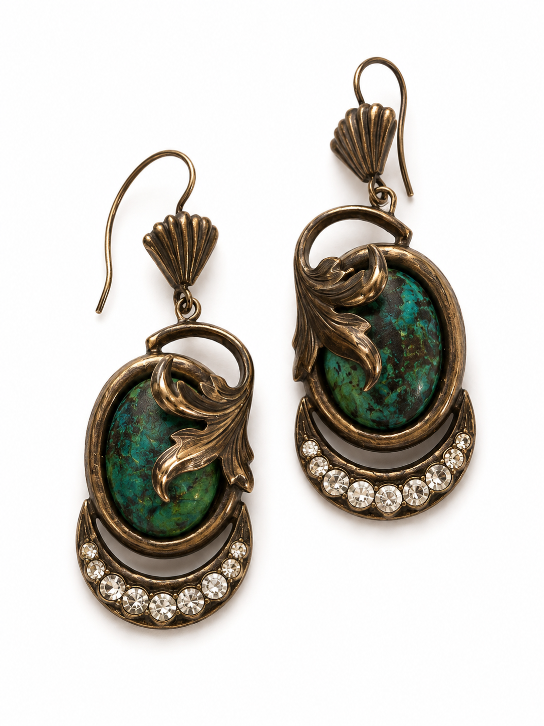 Vintage Art Nouveau Revival Green Stone & Crystal Dangle Earrings