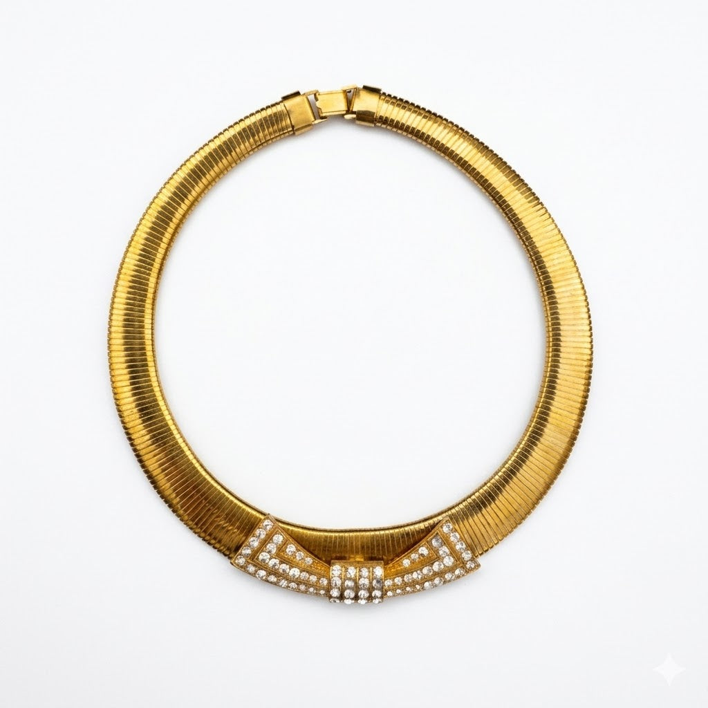 Vintage Gold Plated Omega Collar Necklace Crystal Accent