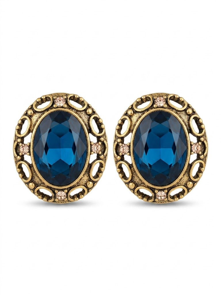 Vintage Blue Glass Cabochon Clip-On Earrings