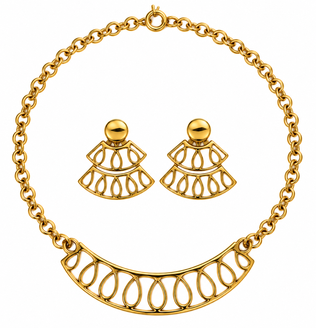 Vintage Monet Gold Plated Openwork Necklace & Earrings Set