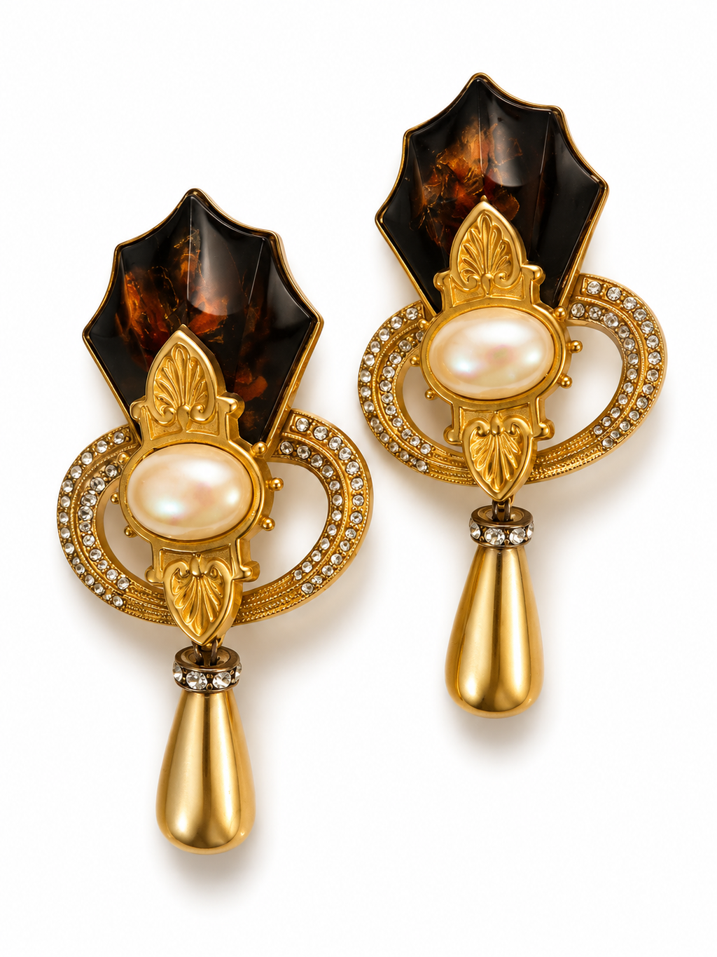 Vintage Baroque Revival Tortoiseshell Pearl Drop Earrings