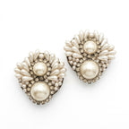 Vintage Faux Pearl Rhinestone Floral Clip On Earrings