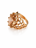 Vintage Modernist Champagne Crystal Ring Openwork Gold Tone