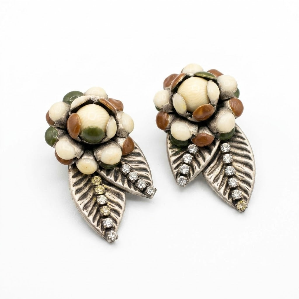 Vintage Floral Cluster Leaf Clip On Earrings