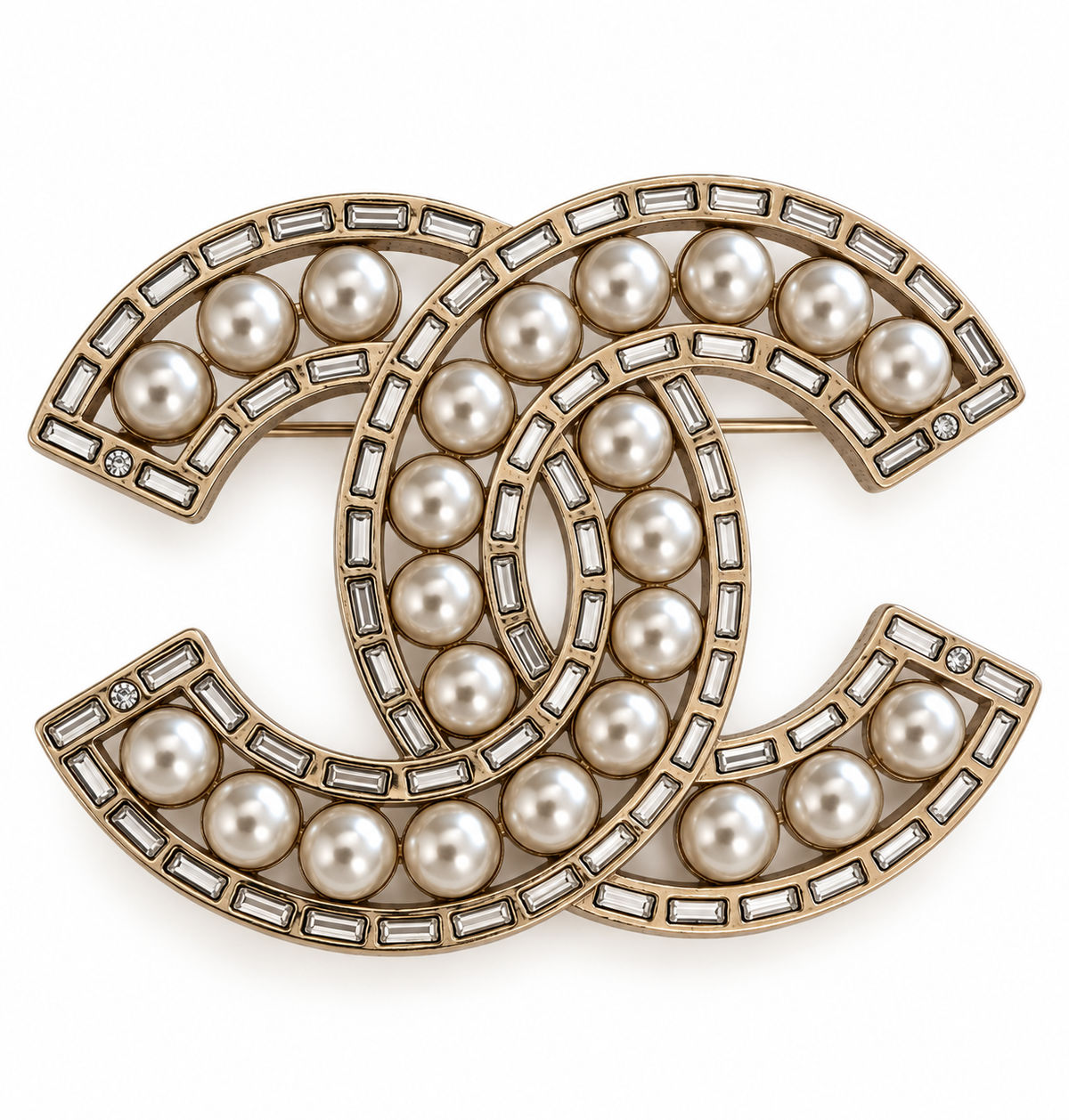 Chanel Vintage Faux Pearl Baguette Crystal CC Brooch