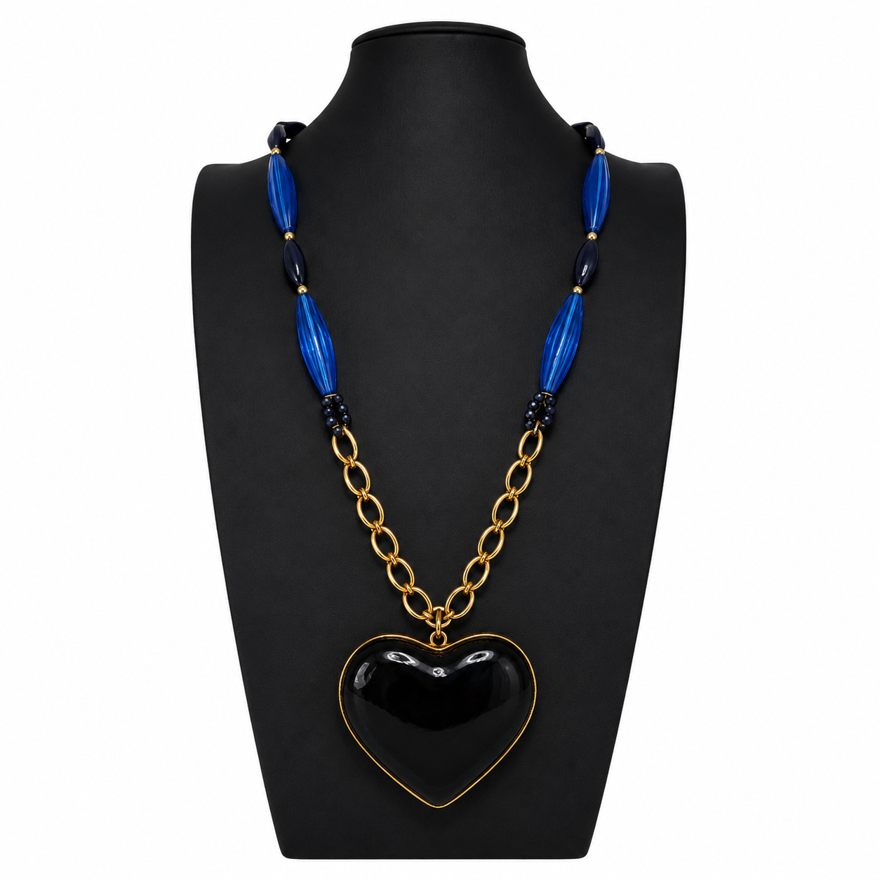 Vintage Retro Black Heart Pendant Blue Beaded Necklace