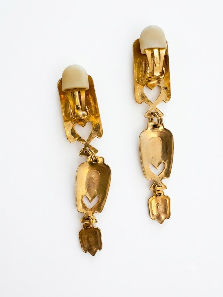 Vintage Art Nouveau Enamel Drop Clip On Earrings