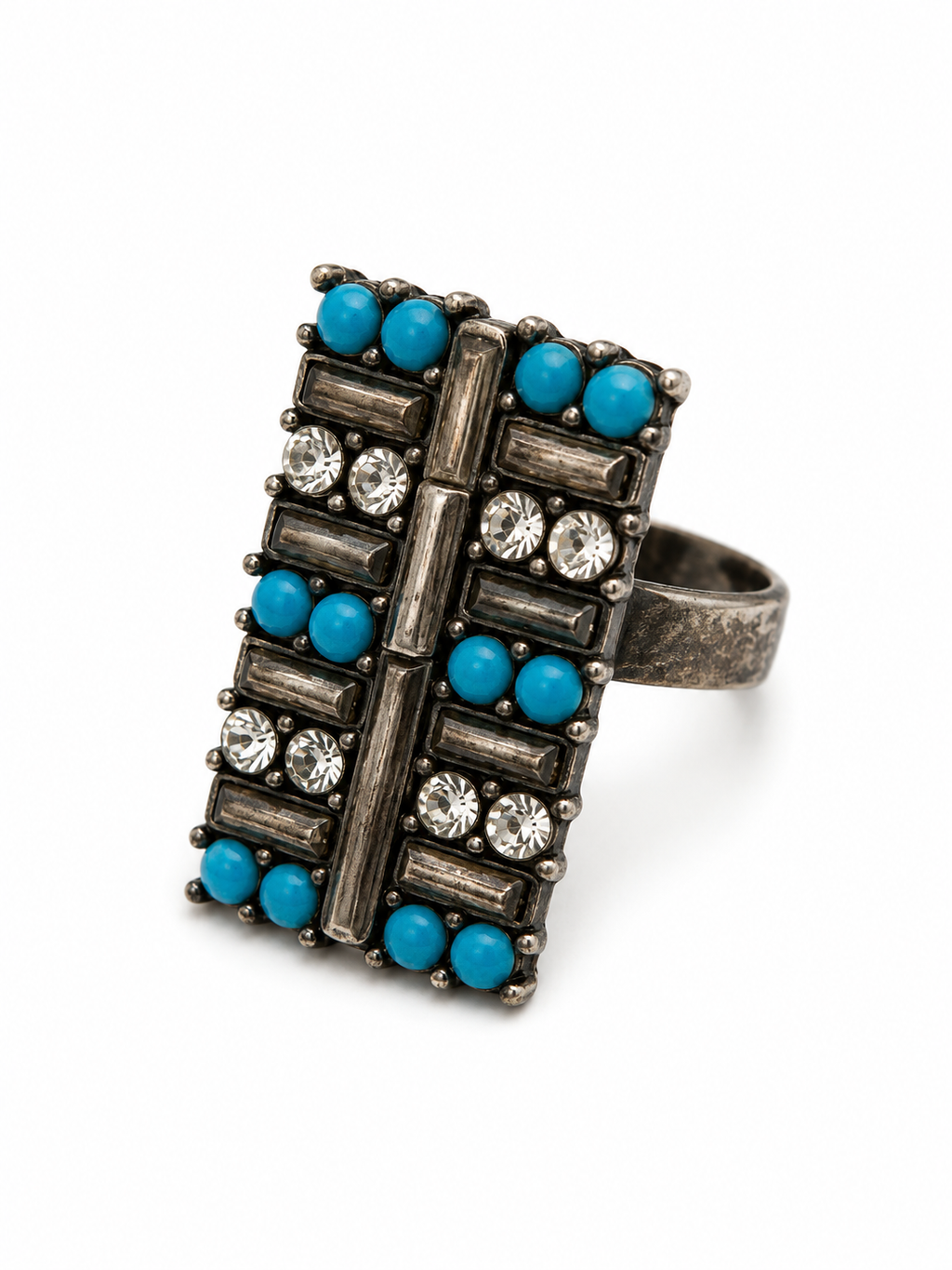 Vintage Brutalist Faux Turquoise Mosaic Ring Antiqued Silver Tone