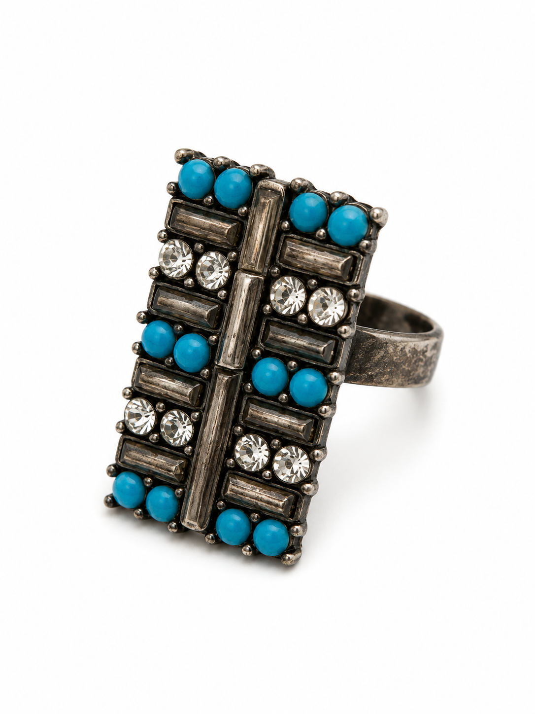 Vintage Brutalist Faux Turquoise Mosaic Ring Antiqued Silver Tone