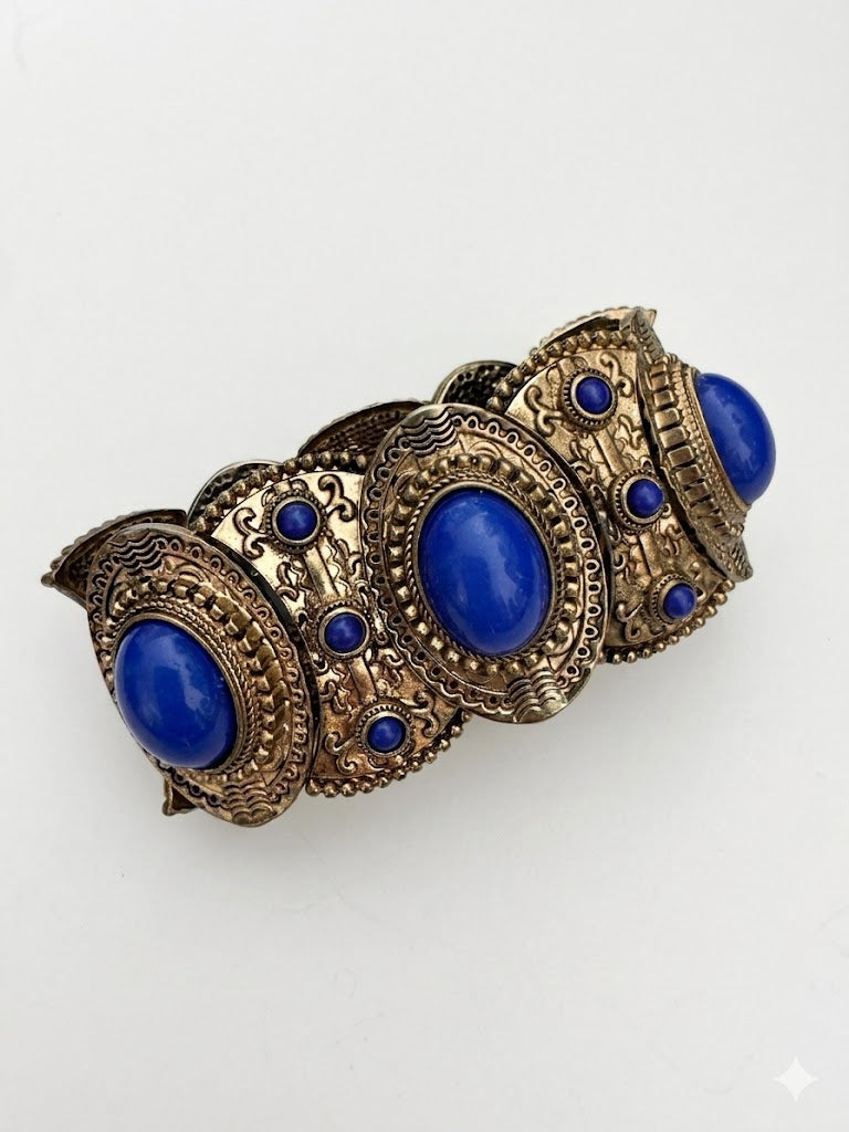 Vintage Byzantine Revival Blue Cabochon Panel Bracelet