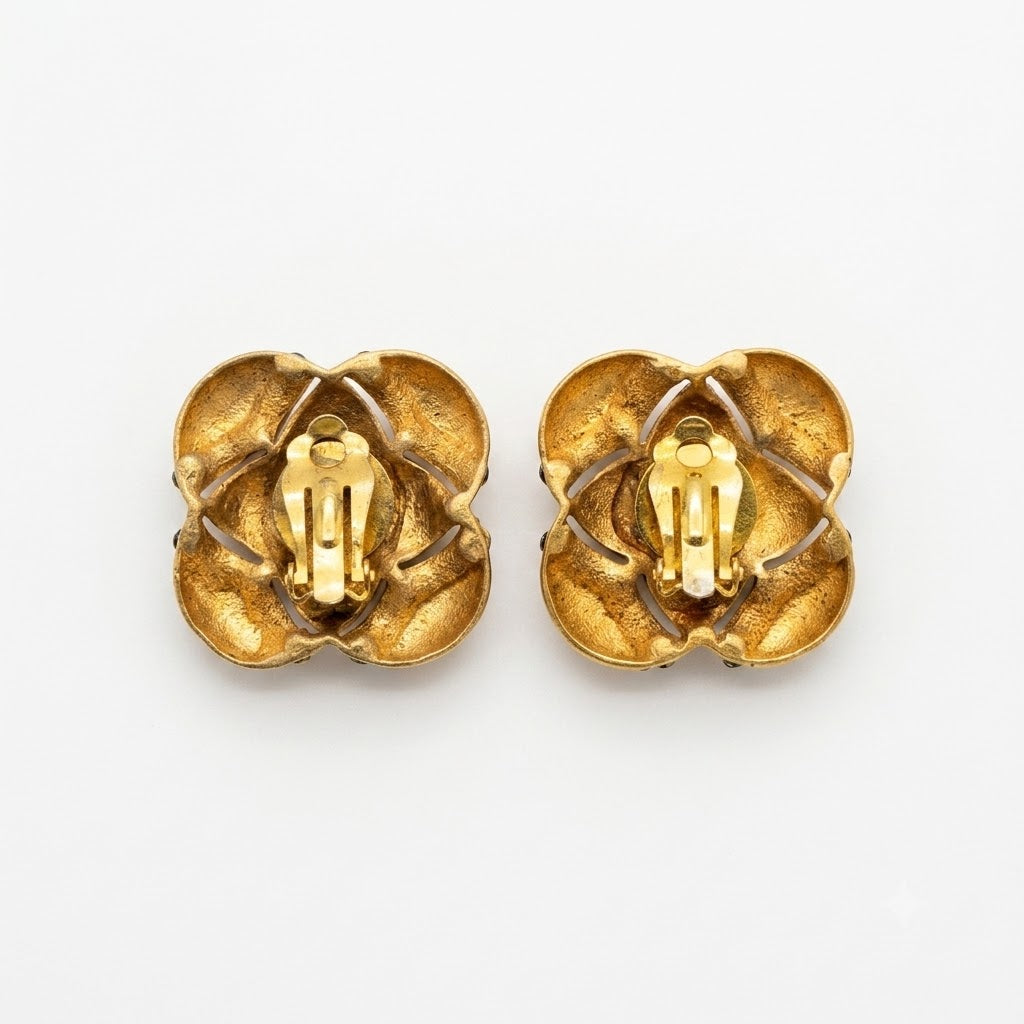 Vintage Floral Black Crystal Clip On Earrings