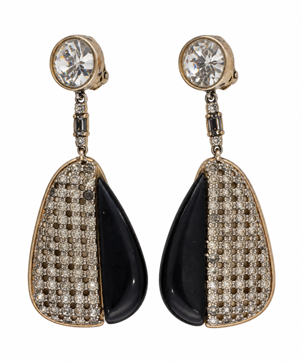 Vintage Art Deco Signed Black Crystal Drop Earrings
